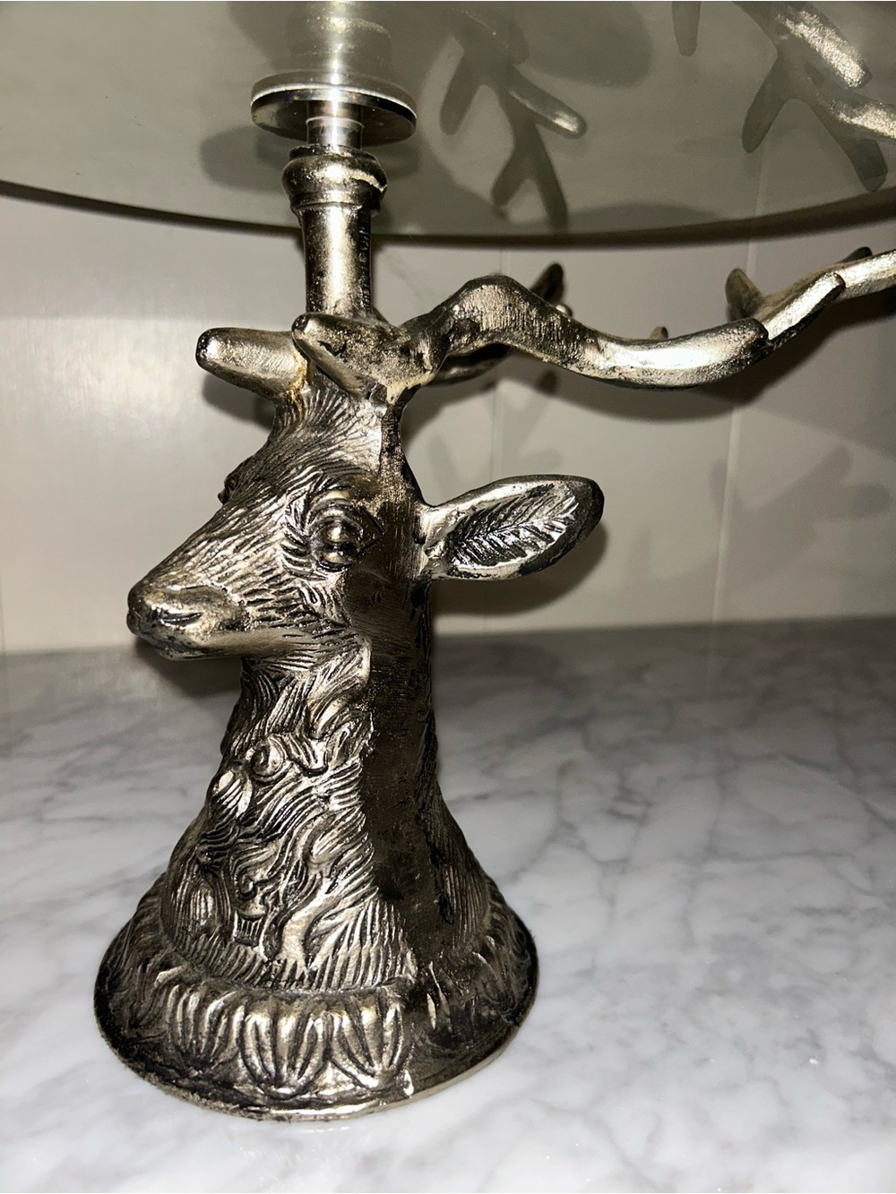 Glass Cake Stand with Silver Deer Head Pedestal - Picture 4 of 7